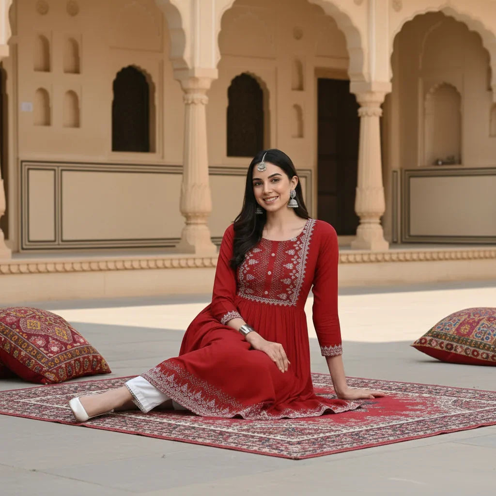 Casual rayon  sleeves maroon kurti kashvii