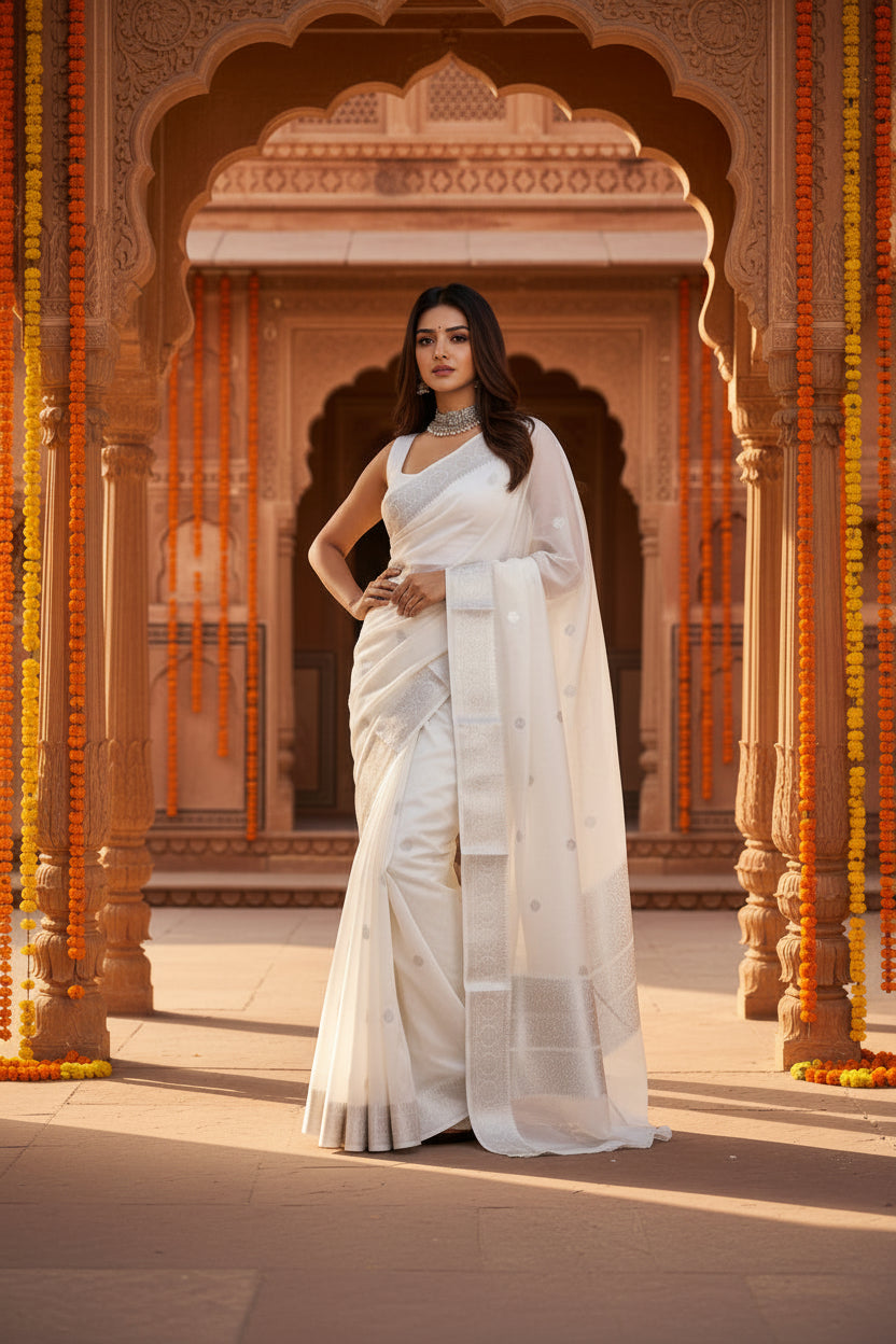 Women's Soft Lichi Silk Printed Saree With Unstitched Blouse 5.5Mtr (White)