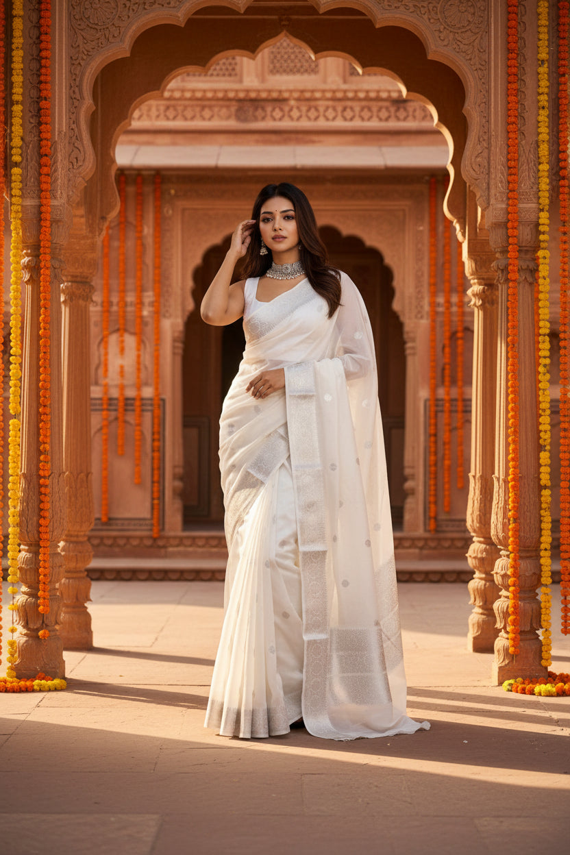 Women's soft lichi silk printed saree with unstitched blouse 5