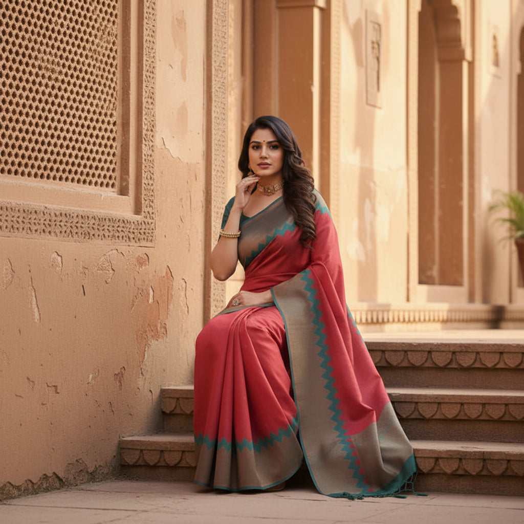 Women's Soft Lichi Silk Printed Saree With Unstitched Blouse 5.5Mtr (Red) Kashvii