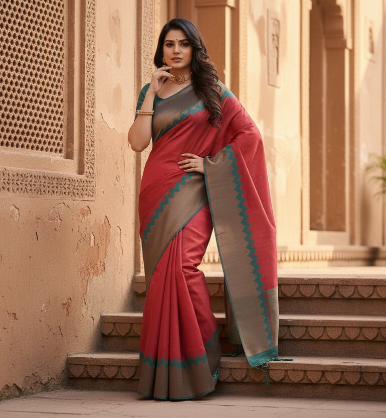 Women's soft lichi silk printed saree with unstitched blouse 5