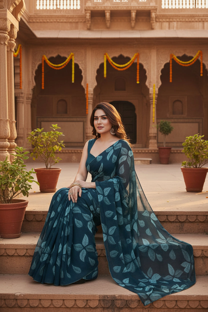 Women's Chiffon Printed Saree With Unstitched Blouse 5.5Mtr (Blue)