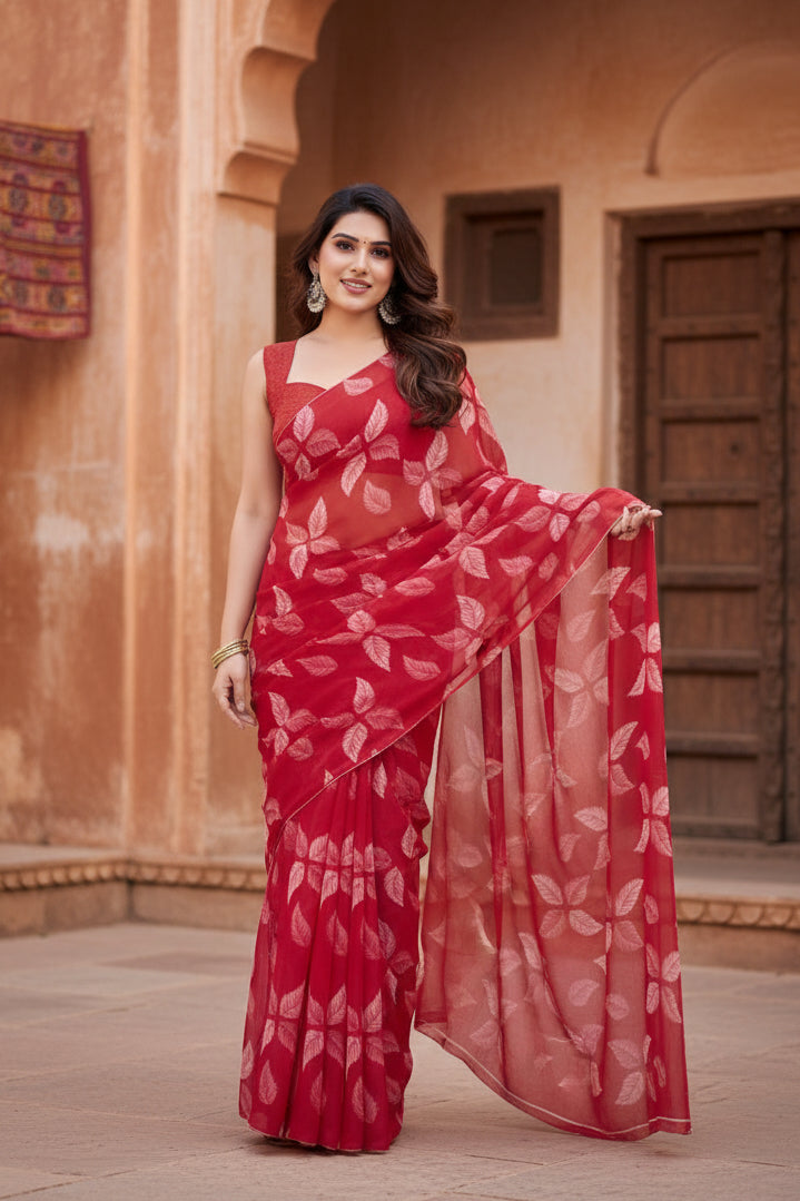 Women's Chiffon Printed Saree With Unstitched Blouse 5.5Mtr (Red) Kashvii