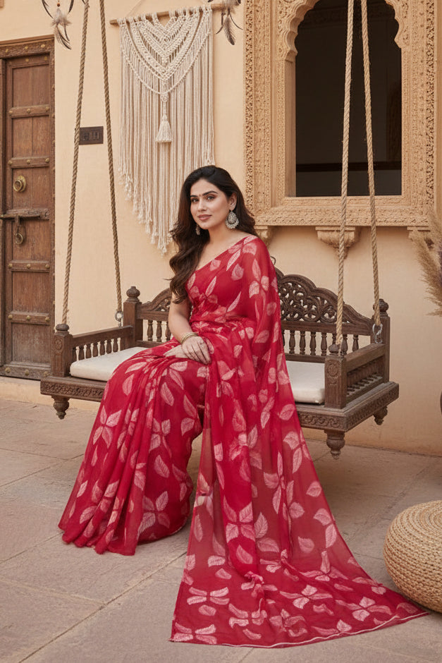 Women's chiffon printed saree with unstitched blouse 5