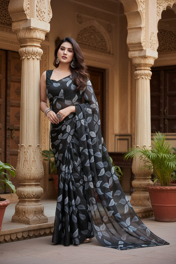 Women's Chiffon Printed Saree With Unstitched Blouse 5.5Mtr (Black) Kashvii