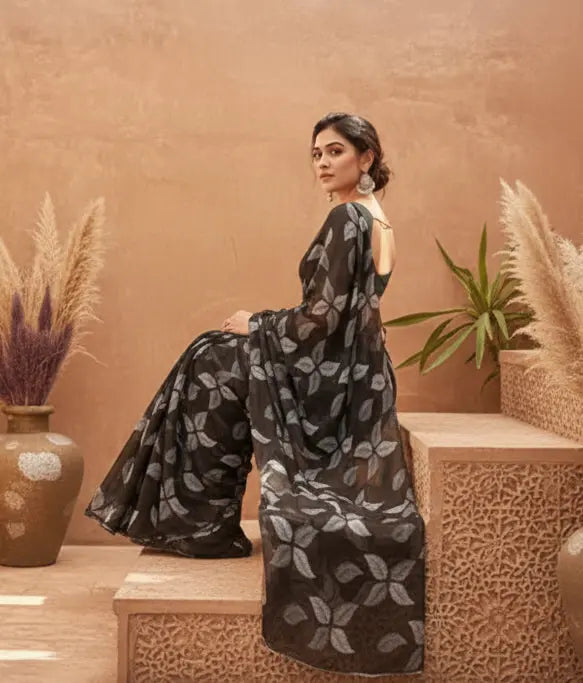 Women's Chiffon Printed Saree With Unstitched Blouse 5.5Mtr (Black) Kashvii