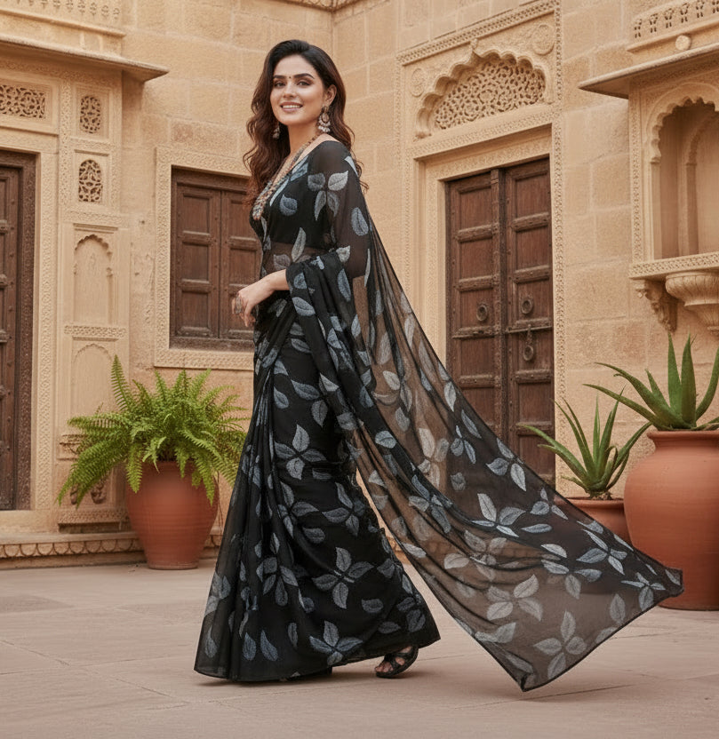 Women's Chiffon Printed Saree With Unstitched Blouse 5.5Mtr (Black) Kashvii