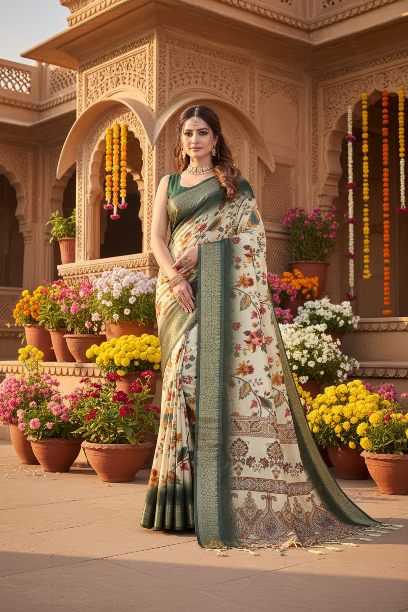 Women's Cotton Silk  Printed Saree With Unstitched Blouse 5.5Mtr (Green)
