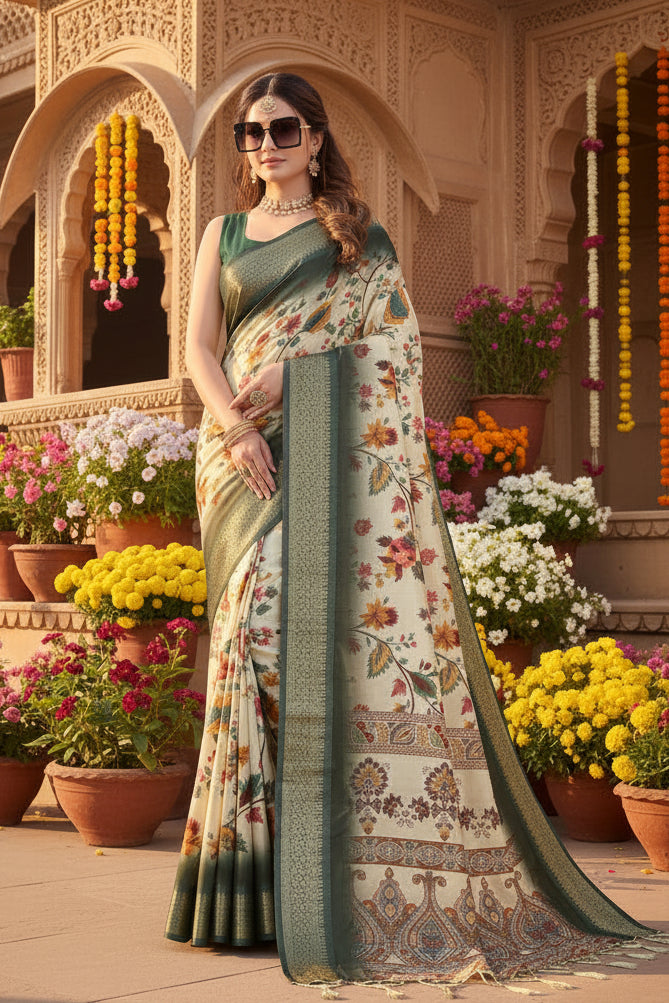 Women's Cotton Silk  Printed Saree With Unstitched Blouse 5.5Mtr (Green)