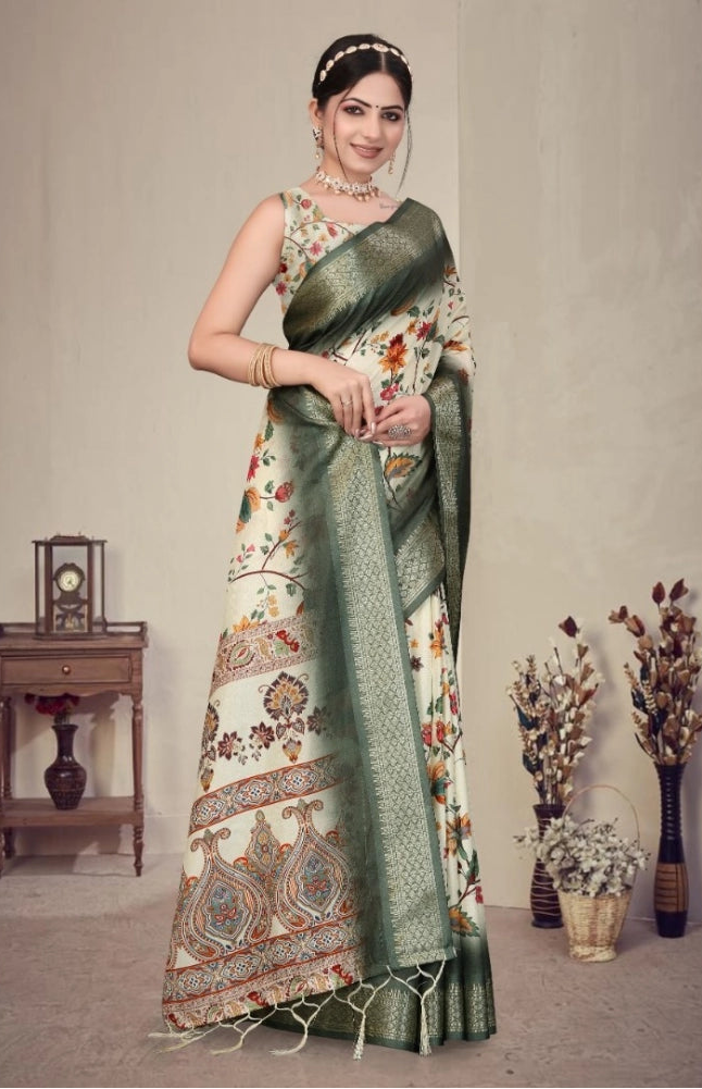 Women's Cotton Silk  Printed Saree With Unstitched Blouse 5.5Mtr (Green)