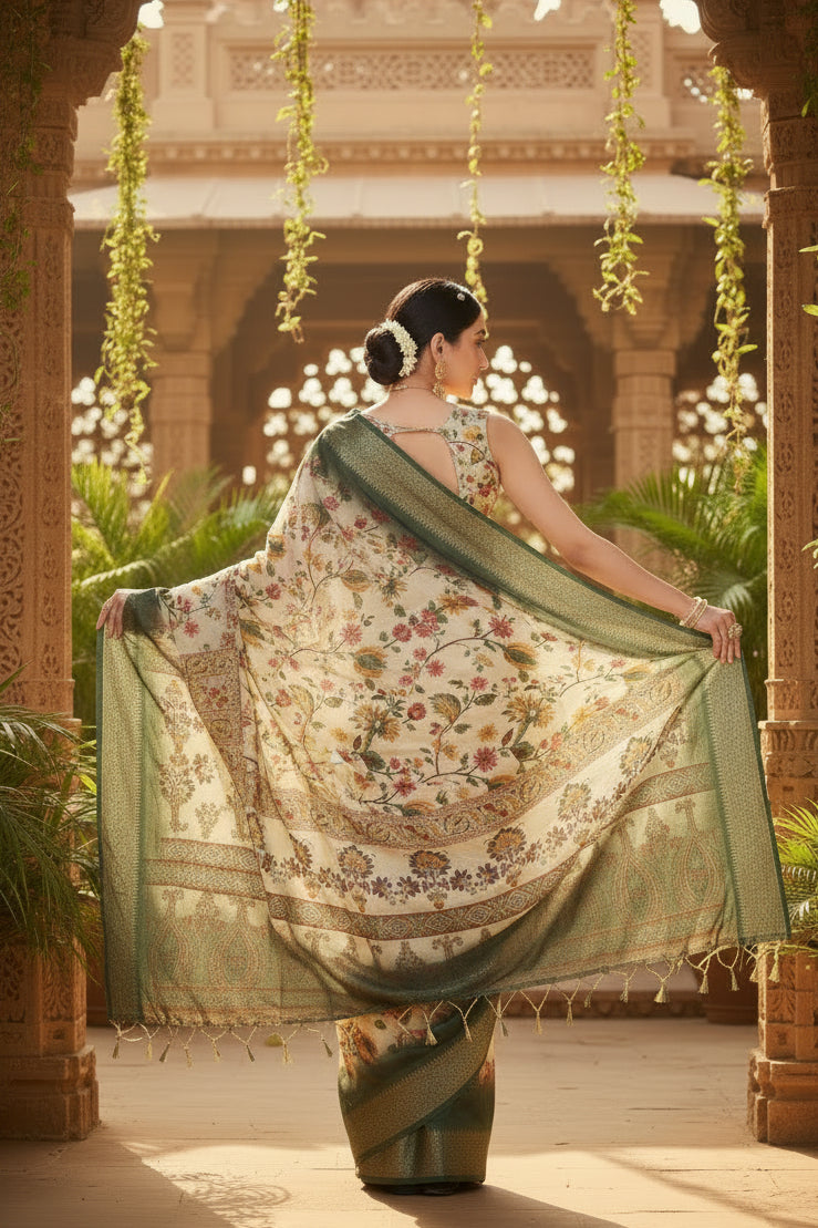 Women's Cotton Silk  Printed Saree With Unstitched Blouse 5.5Mtr (Green)