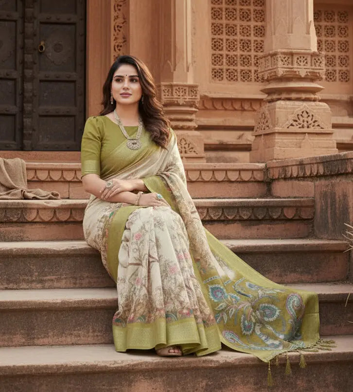Women's Cotton Silk  Printed Saree With Unstitched Blouse 5.5Mtr (Olive Green) Kashvii