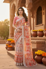 Load image into Gallery viewer, Women's Linen Cotton  Printed Saree With Unstitched Blouse 5.5Mtr (Orange )

