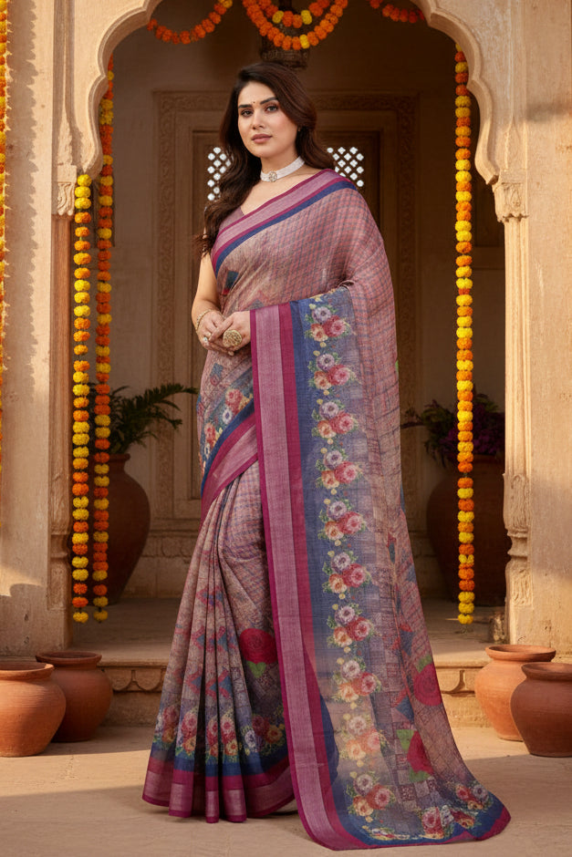 Women's Linen Cotton  Printed Saree With Unstitched Blouse 5.5Mtr (Wine )