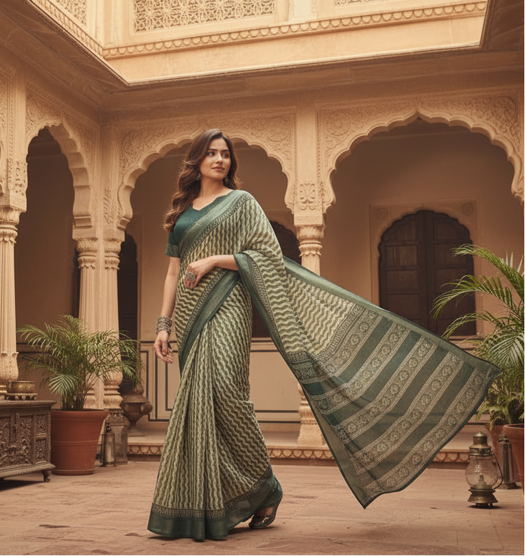 Women's linen cotton printed ready to wear with pocket saree with unstitched blouse 5