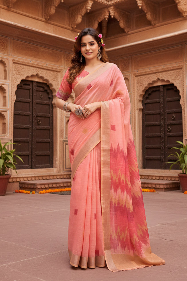 Women's linen cotton printed ready to wear with pocket saree with unstitched blouse 5