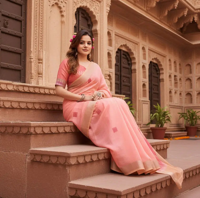 Women's linen cotton printed ready to wear with pocket saree with unstitched blouse 5