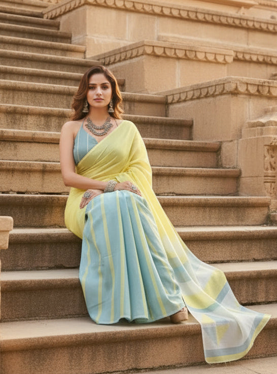 Women's linen cotton printed ready to wear with pocket saree with unstitched blouse 5