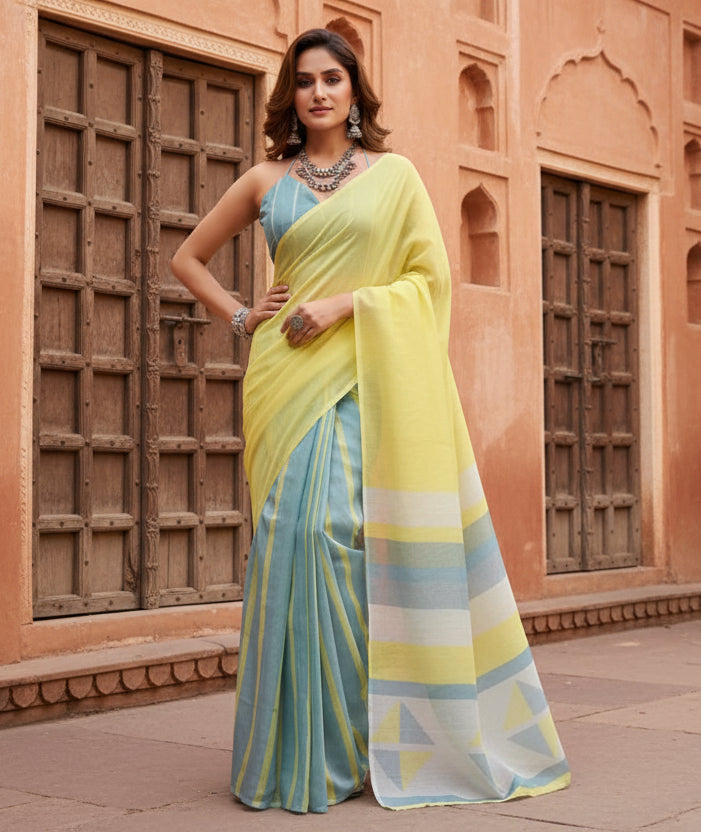 Women's linen cotton printed ready to wear with pocket saree with unstitched blouse 5