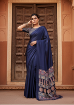 Load image into Gallery viewer, Women's Satin Crepe Printed Saree With Unstitched Blouse 5.5Mtr (Navy Blue)
