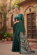 Load image into Gallery viewer, Women's Satin Crepe Printed Saree With Unstitched Blouse 5.5Mtr (Bottle Green)

