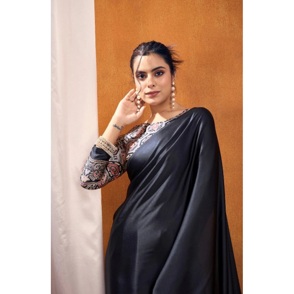 Women's satin crepe printed saree with unstitched blouse 5