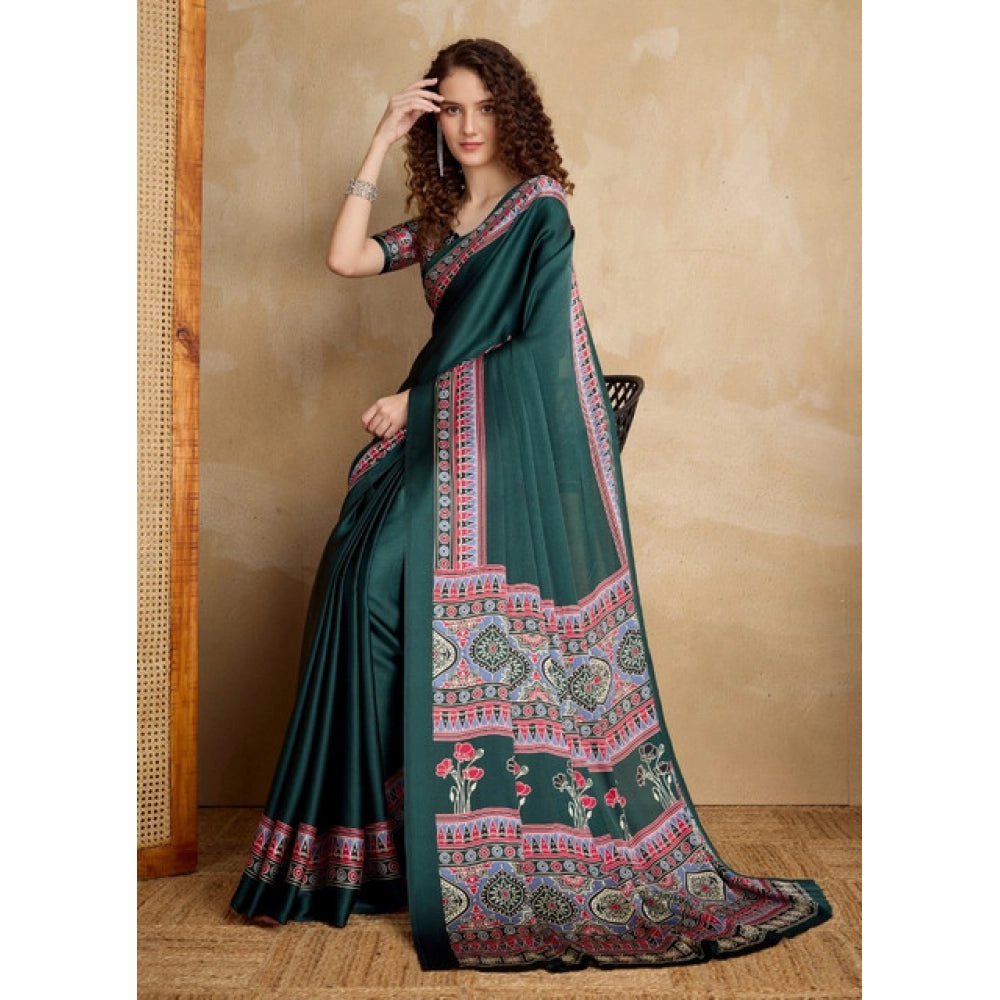 Women's satin crepe printed saree with unstitched blouse 5