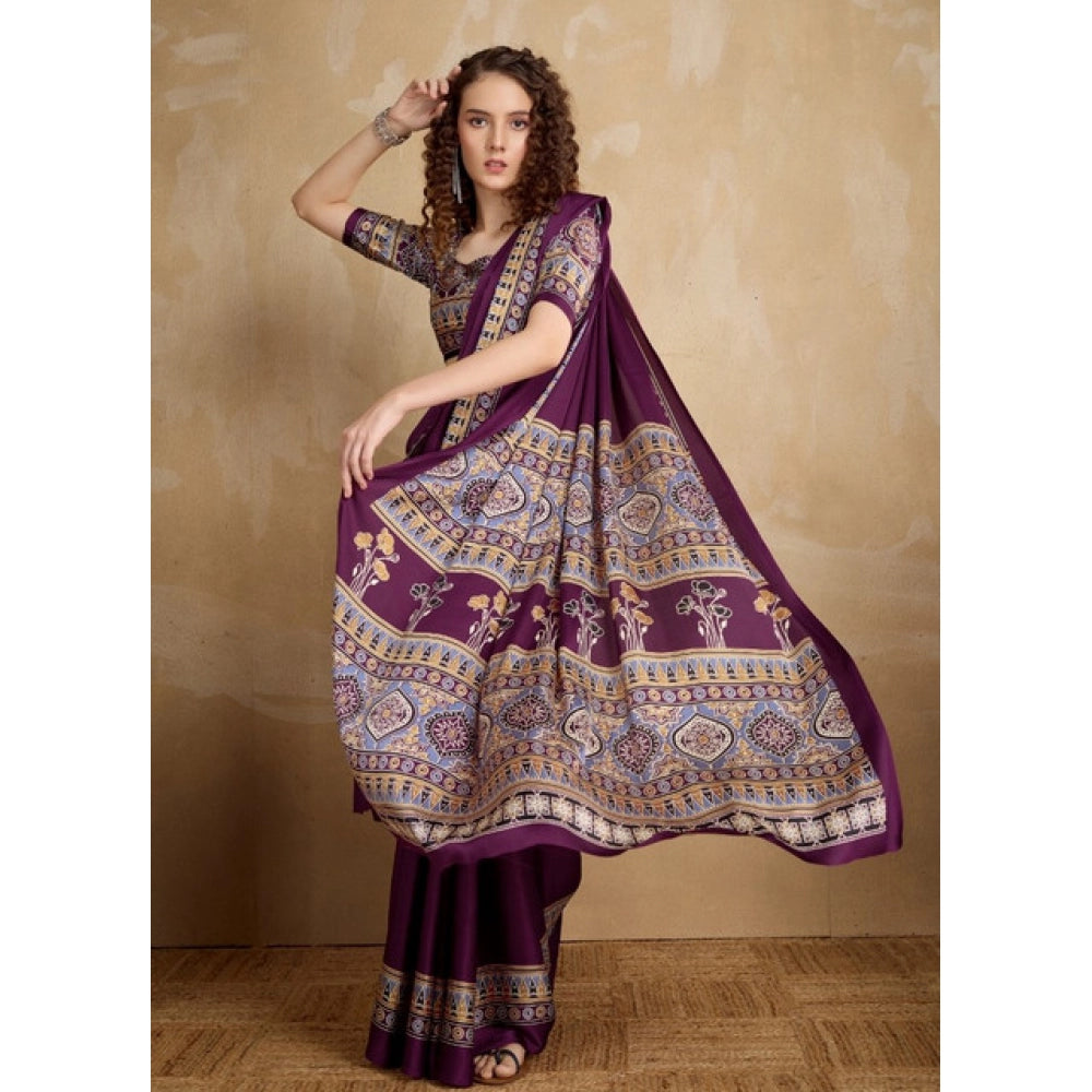 Women's satin crepe printed saree with unstitched blouse 5