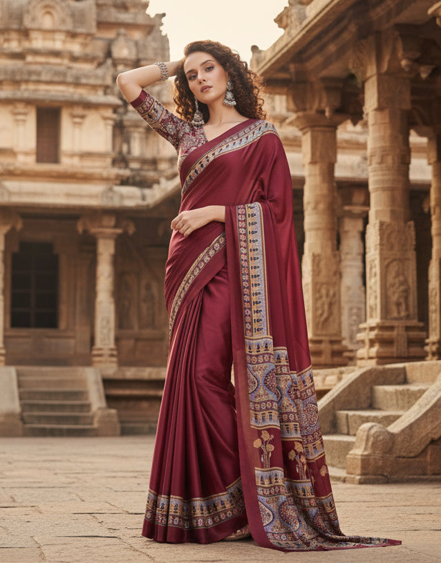 Women's Satin Crepe Printed Saree With Unstitched Blouse 5.5Mtr (Maroon)