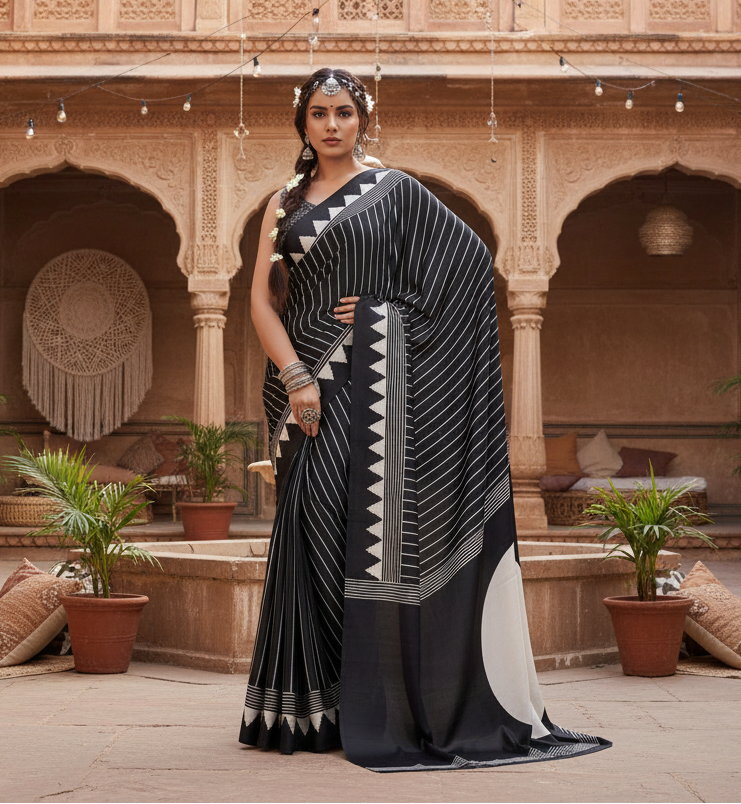 Women's Satin Crepe Printed Saree With Unstitched Blouse 5.5Mtr (Black)