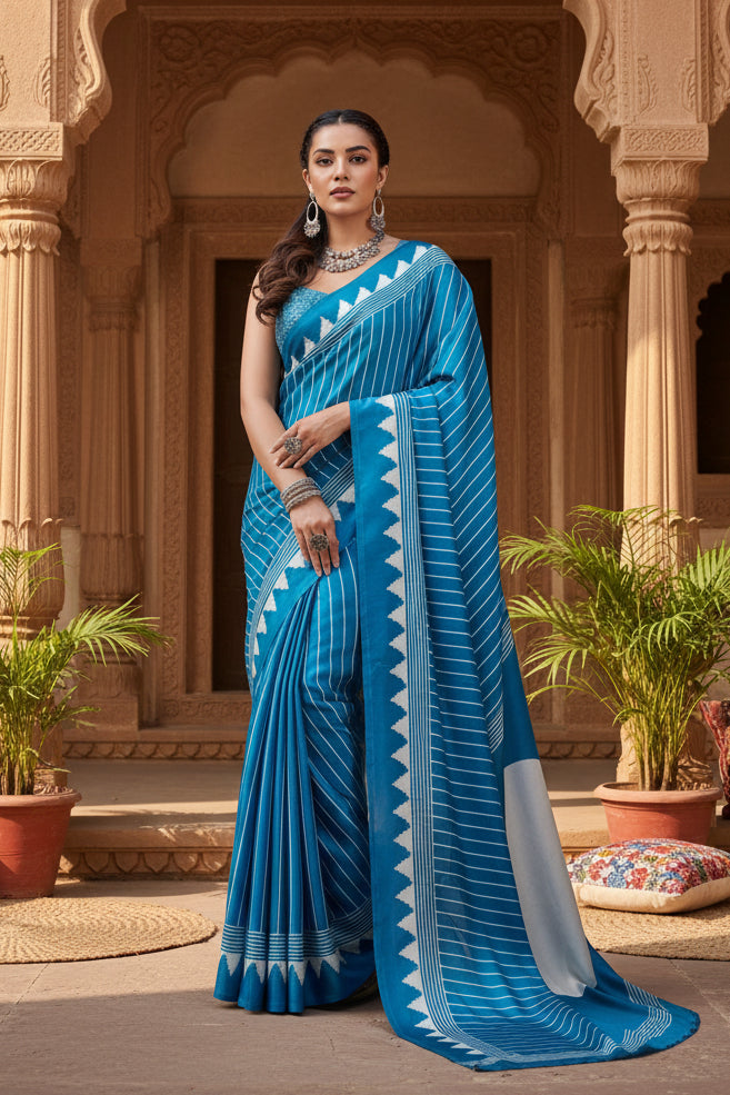 Women's Satin Crepe Printed Saree With Unstitched Blouse 5.5Mtr (Rama Blue)