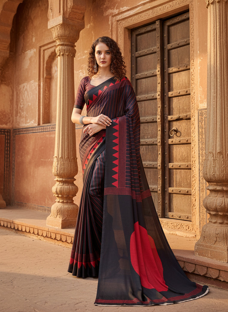 Women's Satin Crepe Printed Saree With Unstitched Blouse 5.5Mtr (Black)