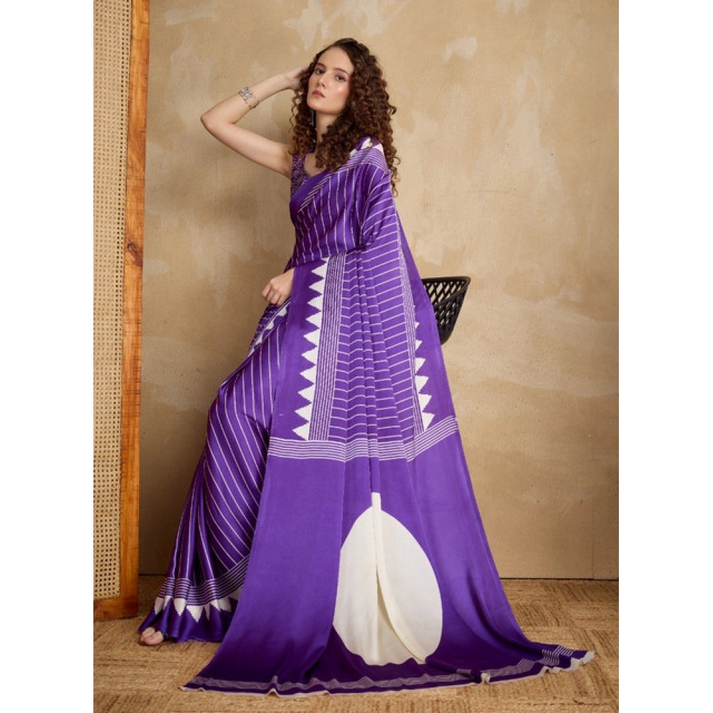 Women's satin crepe printed saree with unstitched blouse 5