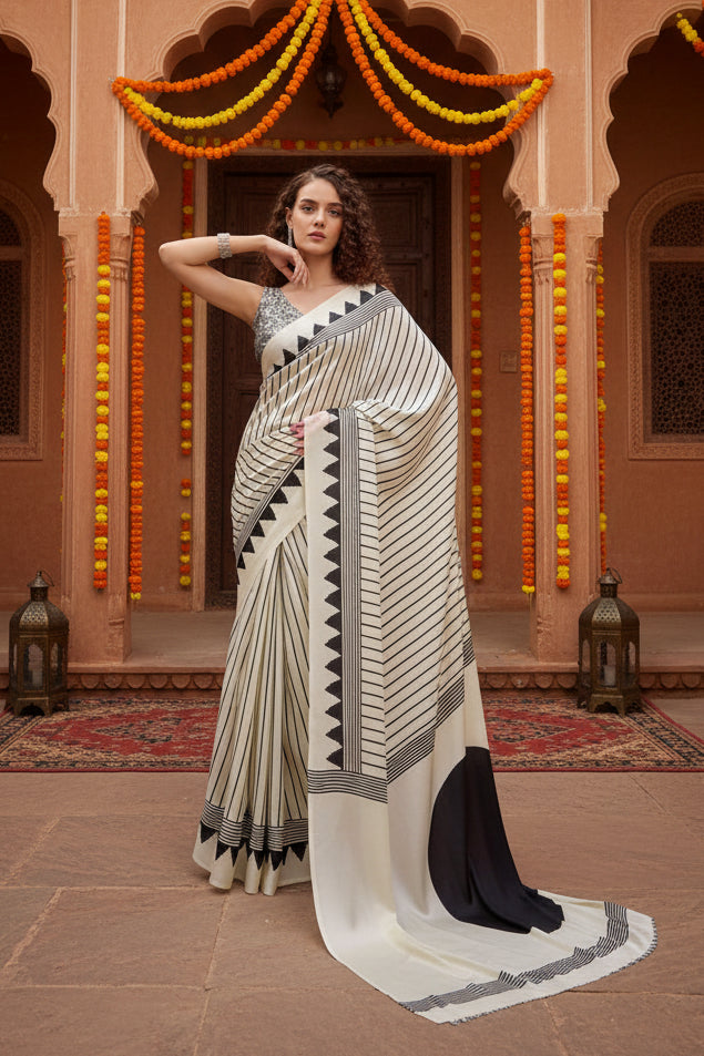 Women's Satin Crepe Printed Saree With Unstitched Blouse 5.5Mtr (White)