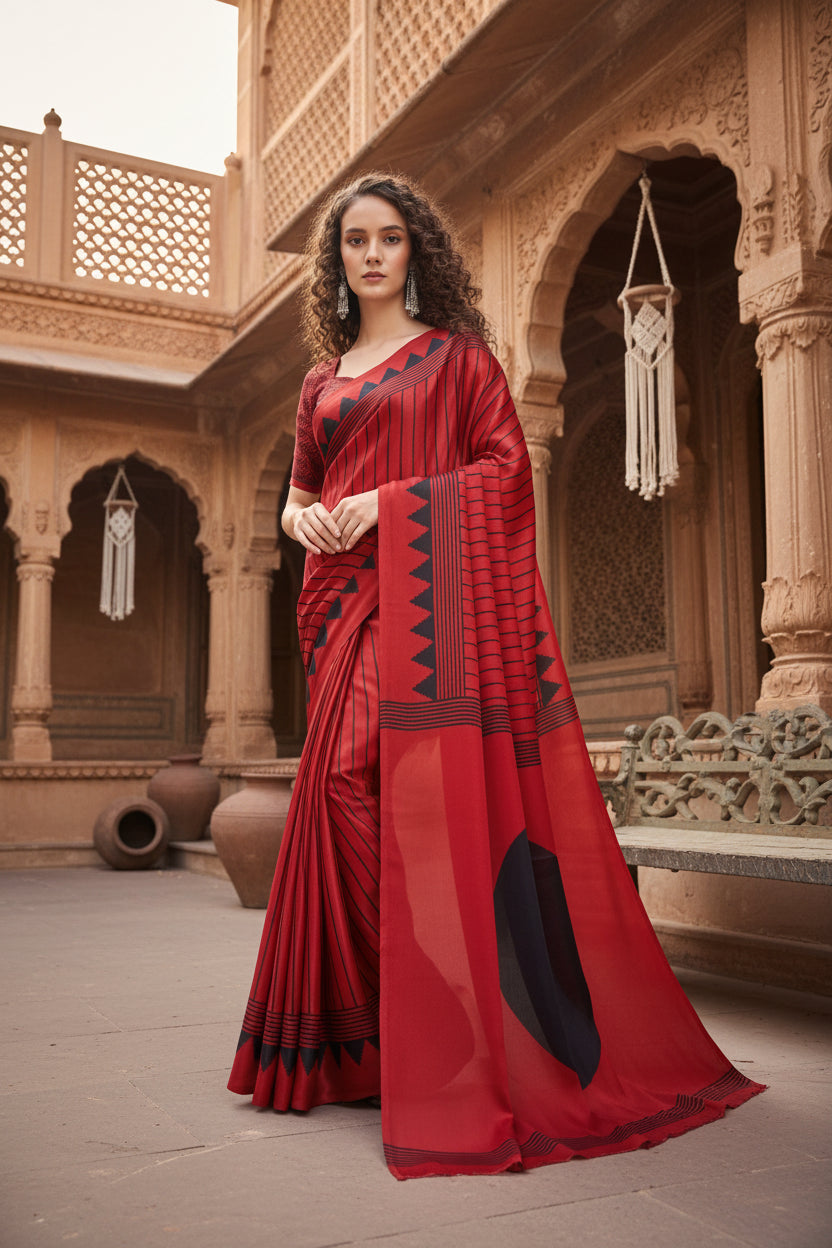 Women's Satin Crepe Printed Saree With Unstitched Blouse 5.5Mtr (Red)