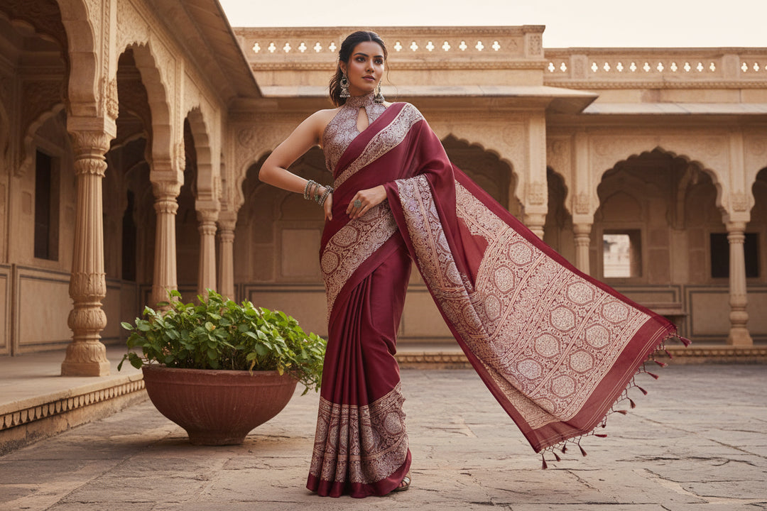 Women's Satin Crepe Printed Saree With Unstitched Blouse 5.5Mtr (Maroon)