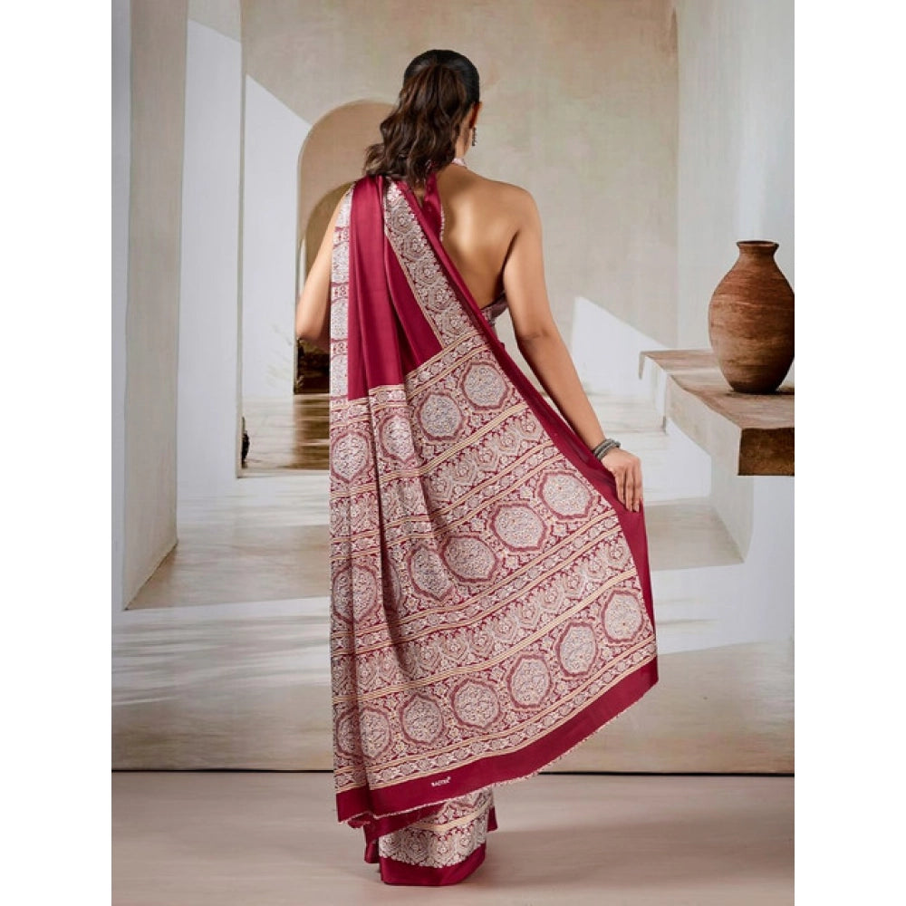 Women's satin crepe printed saree with unstitched blouse 5