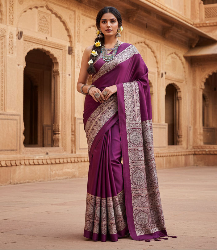 Women's Satin Crepe Printed Saree With Unstitched Blouse 5.5Mtr (Purple)