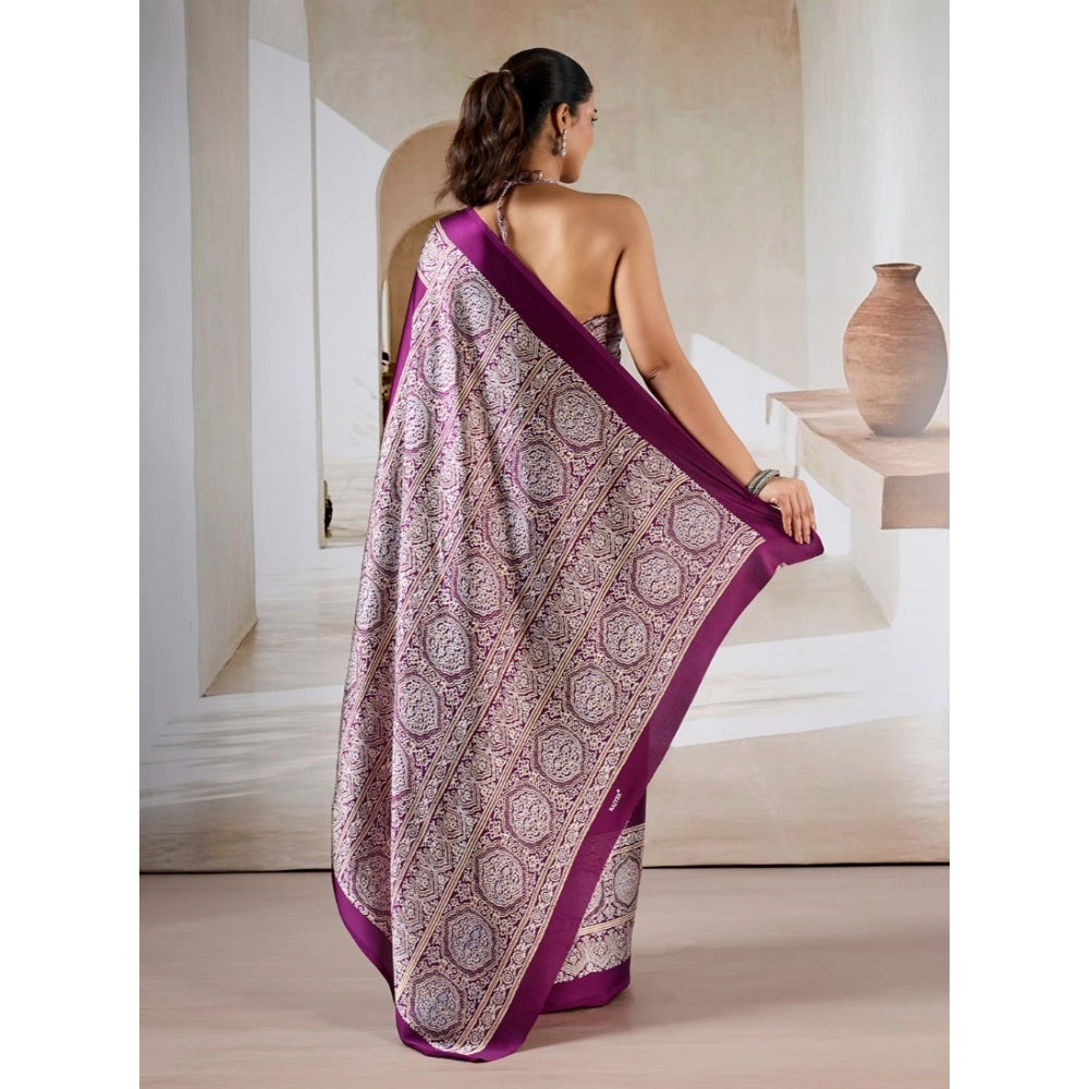Women's satin crepe printed saree with unstitched blouse 5