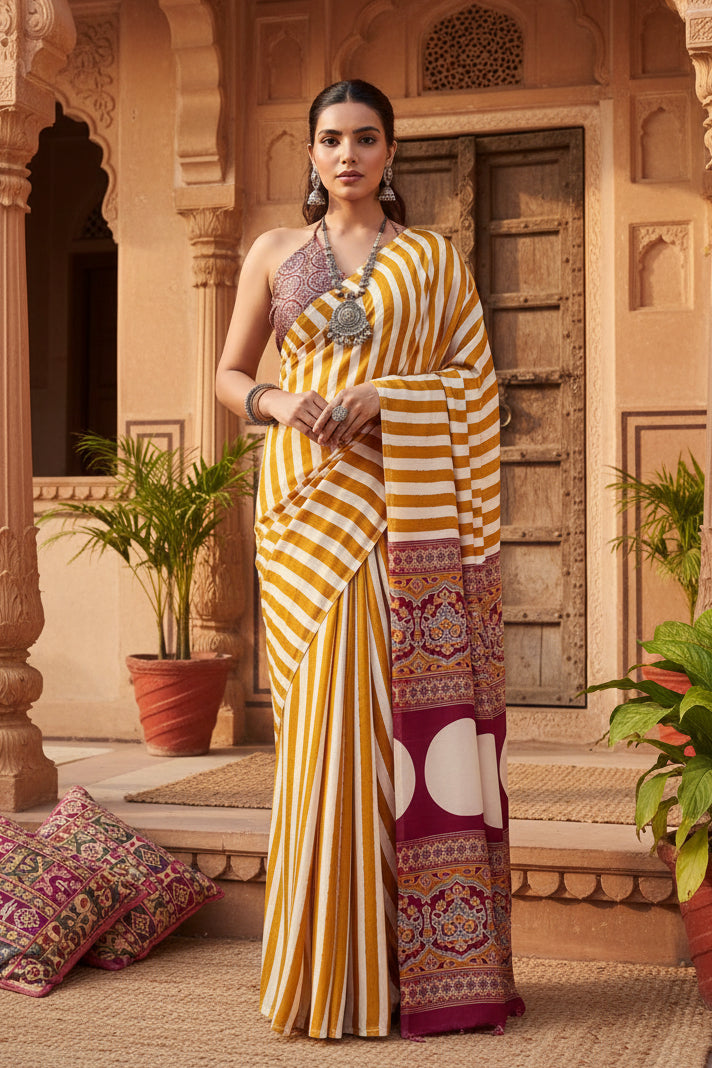 Women's Satin Crepe Printed Saree With Unstitched Blouse 5.5Mtr (Mustard)