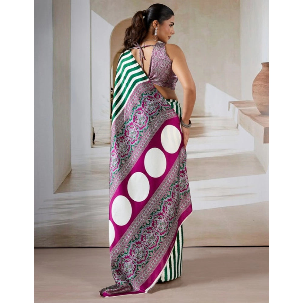 Women's satin crepe printed saree with unstitched blouse 5