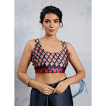 Load image into Gallery viewer, Women's Satin Crepe Printed Saree With Unstitched Blouse 5.5Mtr (Navy Blue)
