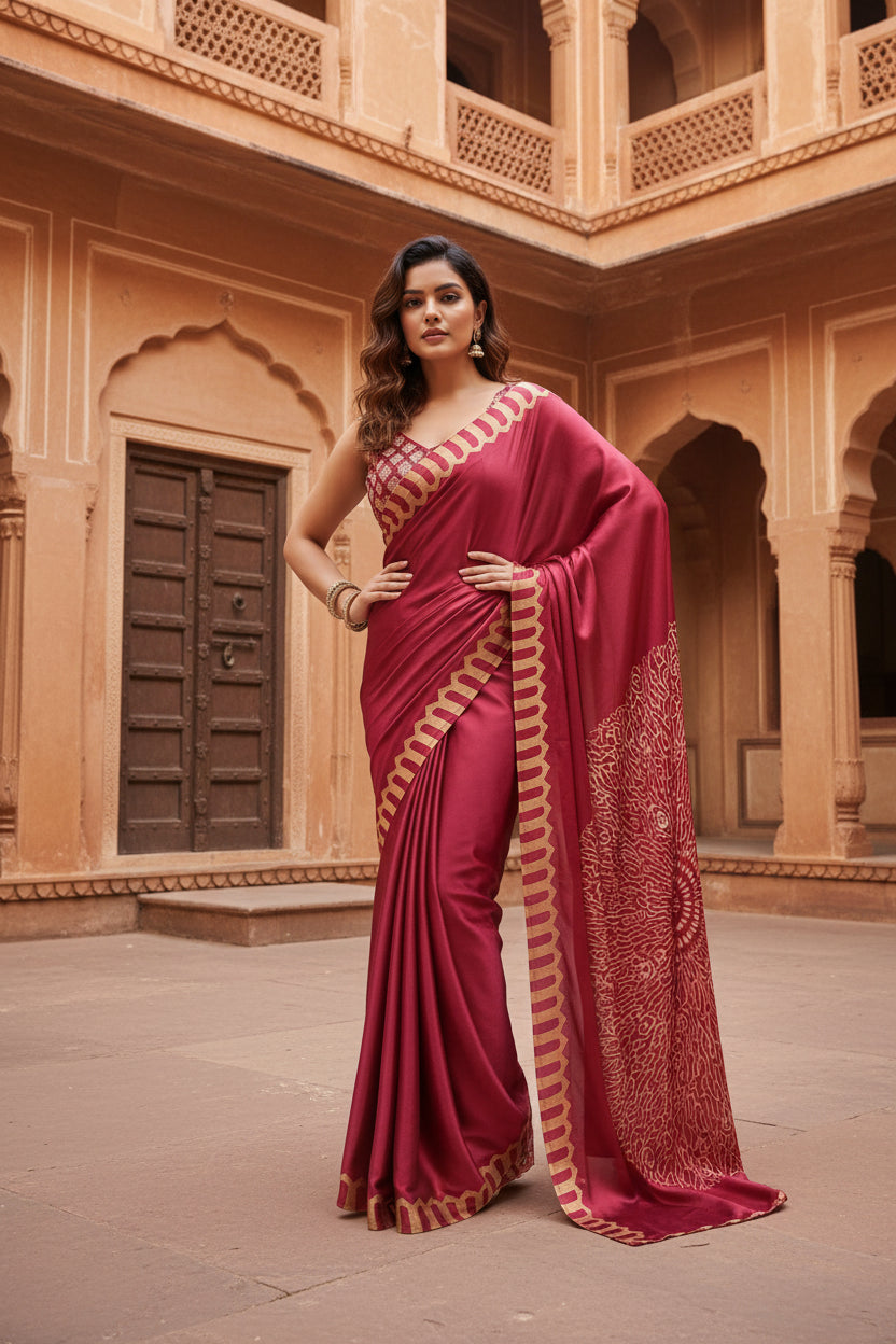 Women's Satin Crepe Printed Saree With Unstitched Blouse 5.5Mtr (Maroon)