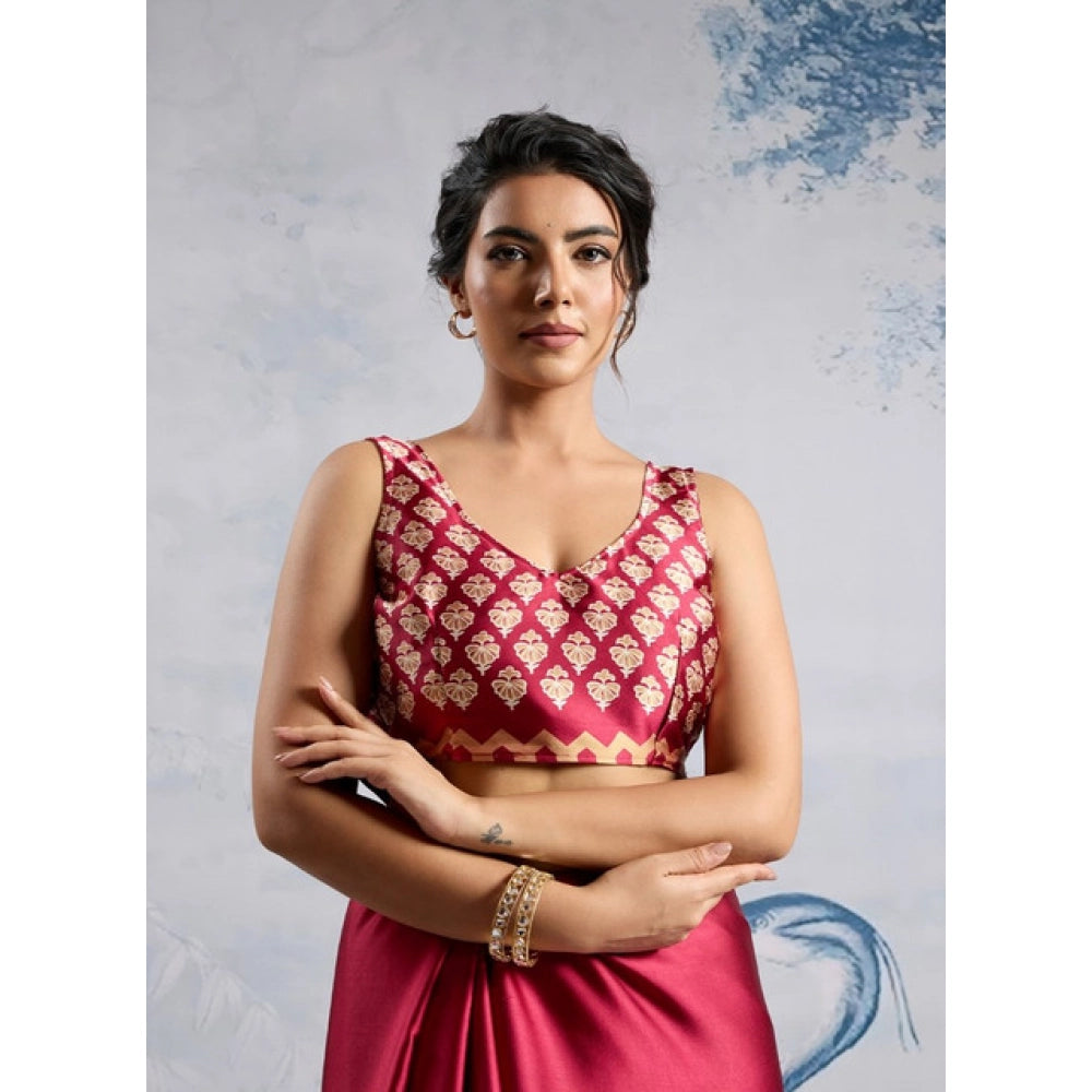 Women's satin crepe printed saree with unstitched blouse 5