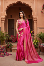 Load image into Gallery viewer, Women's Satin Crepe Printed Saree With Unstitched Blouse 5.5Mtr (Pink)
