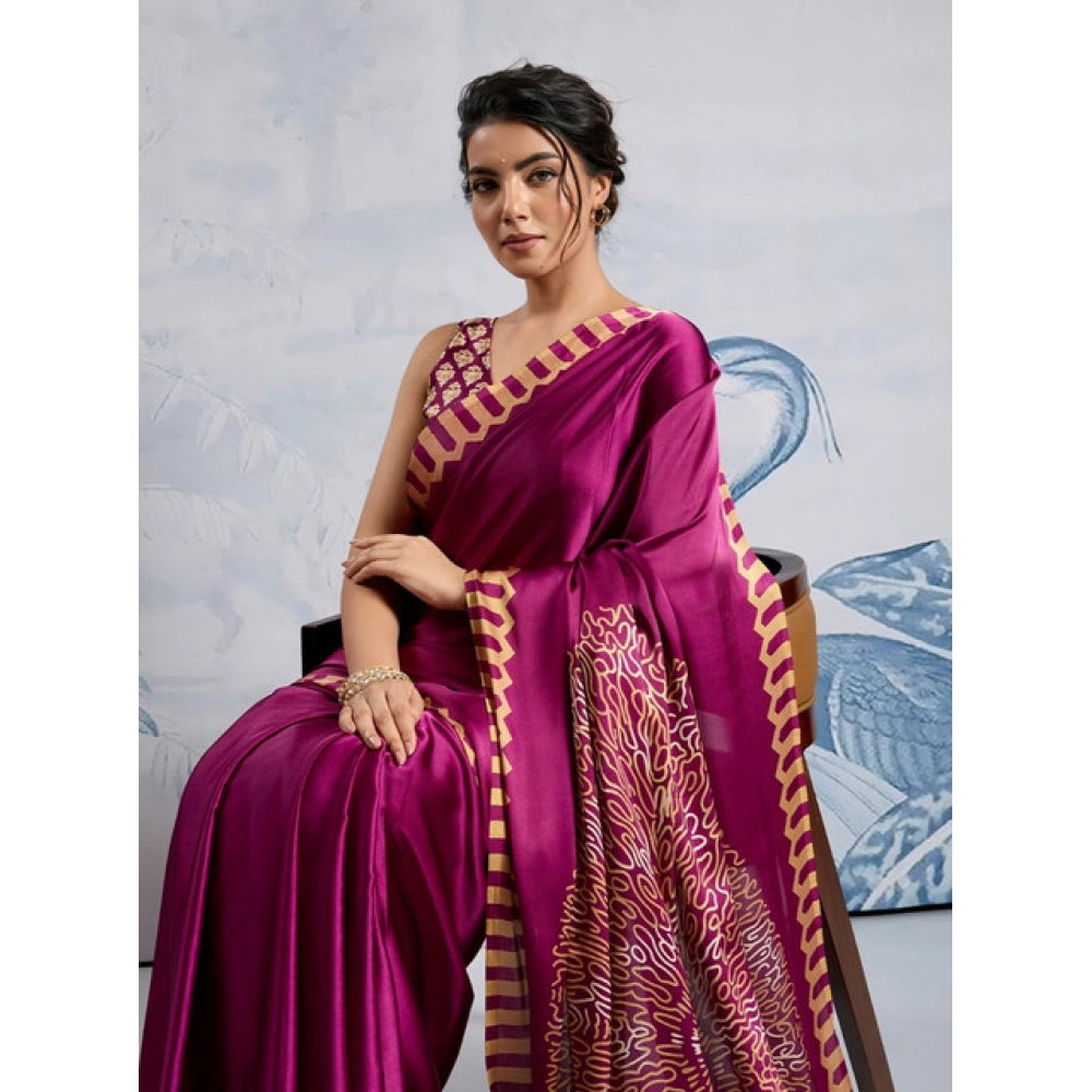 Women's satin crepe printed saree with unstitched blouse 5