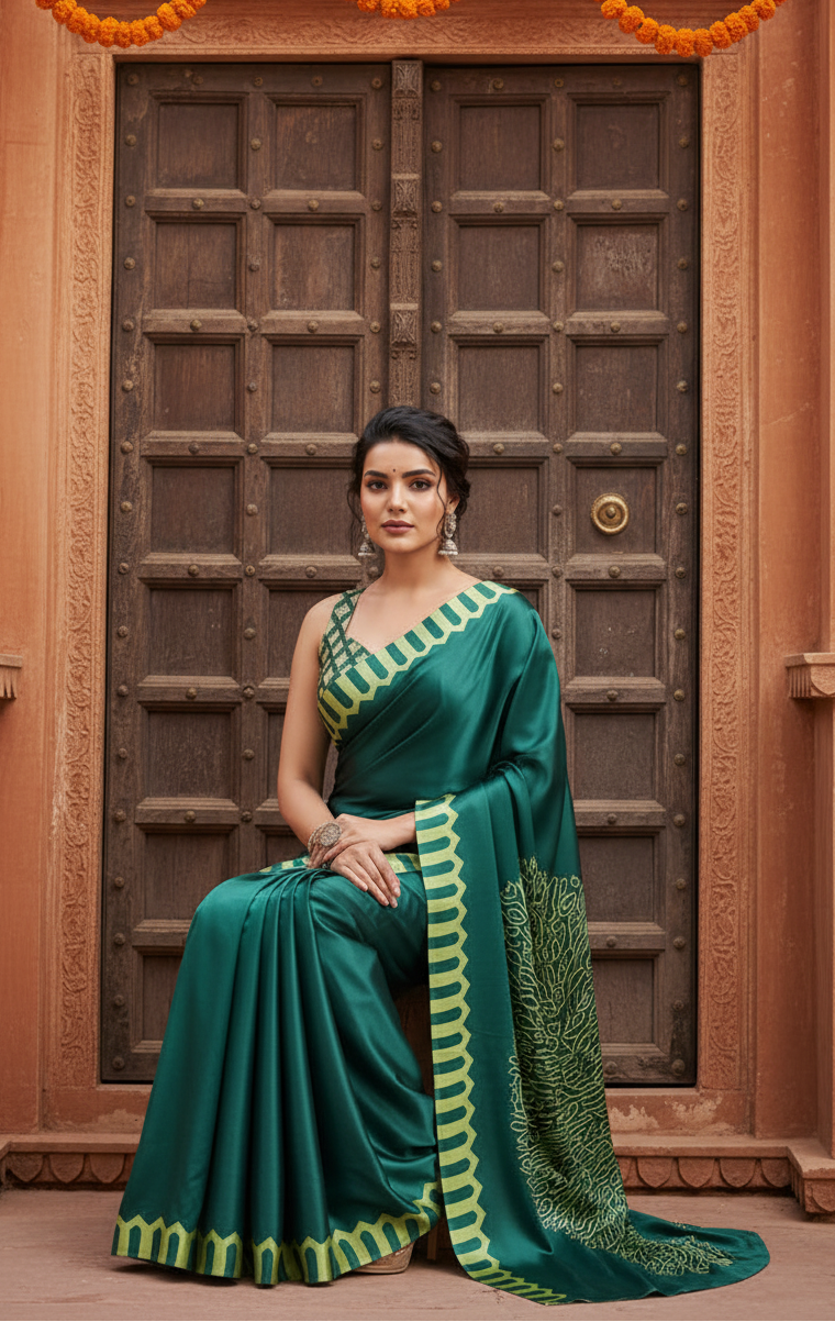Women's Satin Crepe Printed Saree With Unstitched Blouse 5.5Mtr (Green)