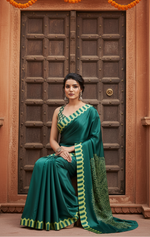 Load image into Gallery viewer, Women's Satin Crepe Printed Saree With Unstitched Blouse 5.5Mtr (Green)
