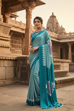 Load image into Gallery viewer, Women's Satin Crepe Printed Saree With Unstitched Blouse 5.5Mtr (Rama Blue)
