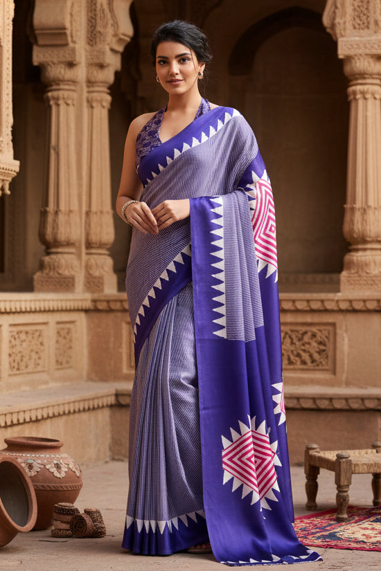 Women's Satin Crepe Printed Saree With Unstitched Blouse 5.5Mtr (Purple)